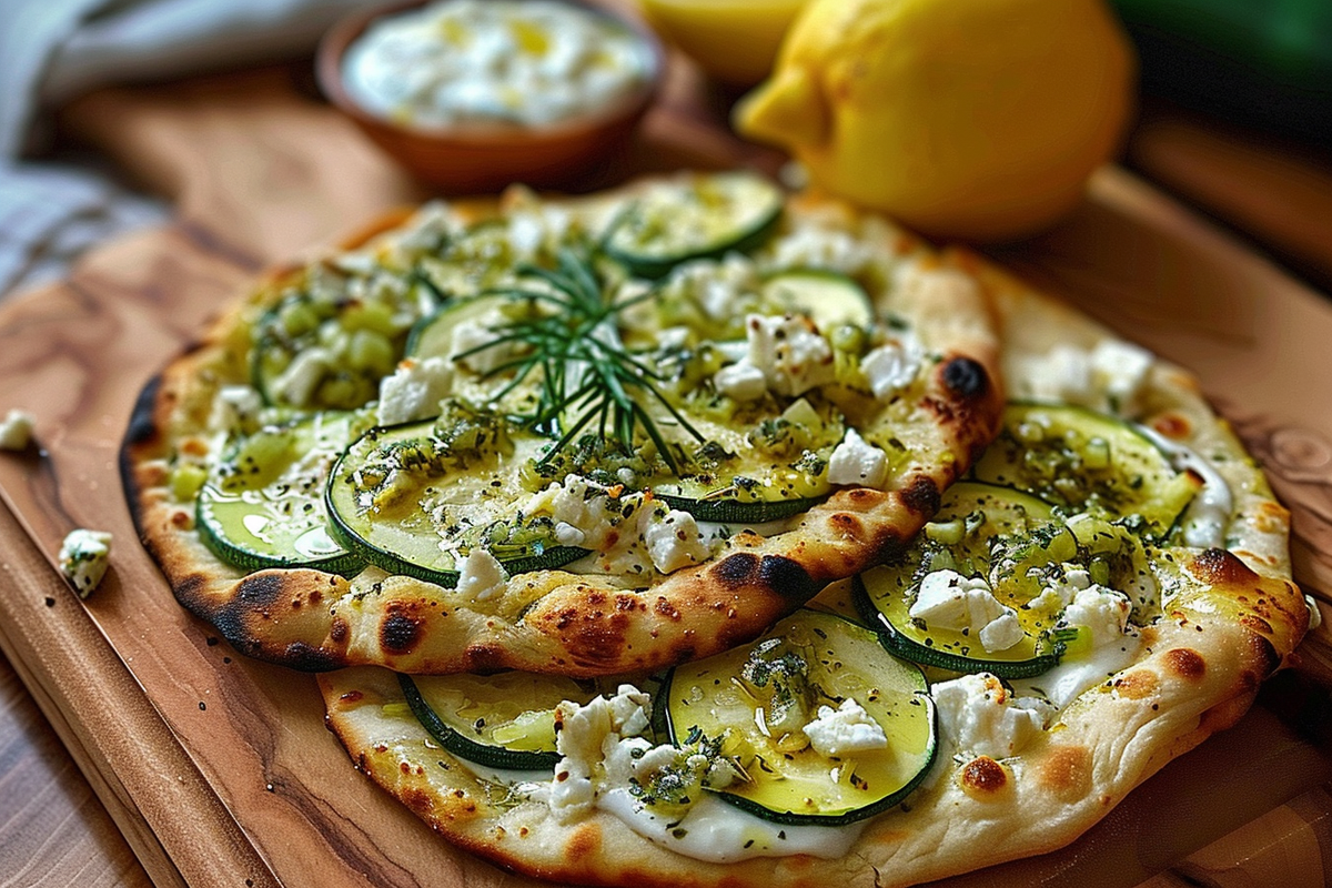 Flatbread with Feta Zucchini and Lemon-Garlic Yogurt
