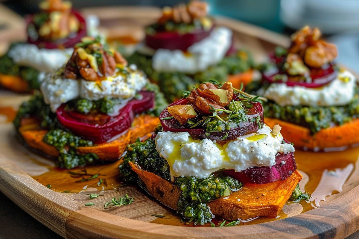 Sweet Potato Rounds with Burrata Roasted Beets and Walnut Sage Pesto