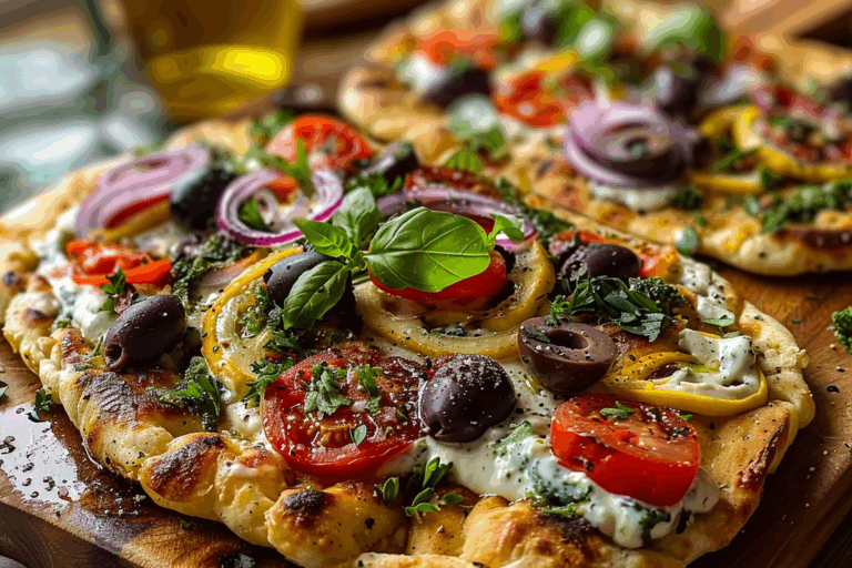 Mediterranean Veggie Flatbread with Olives and Lemon Tahini
