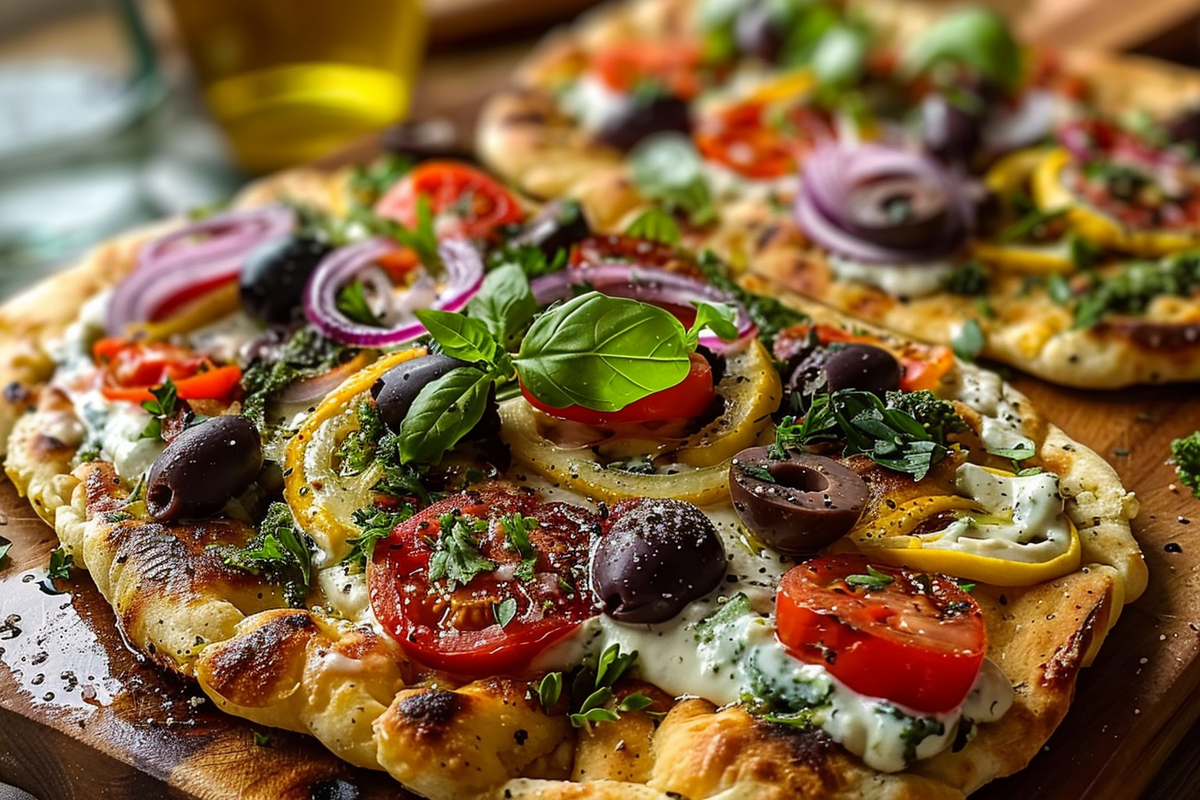 Mediterranean Veggie Flatbread with Olives and Lemon Tahini