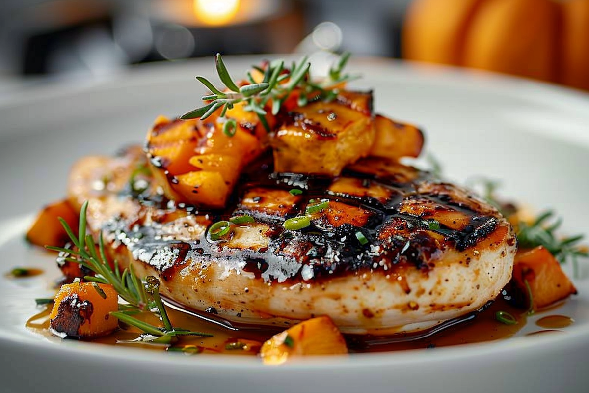 Grilled Chicken Breast with Charred Scallion-Bourbon Glaze & Maple-Roasted Pumpkin