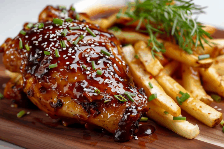 Hoisin-Cognac Glazed Crispy Quarter Leg Chicken with French Fries