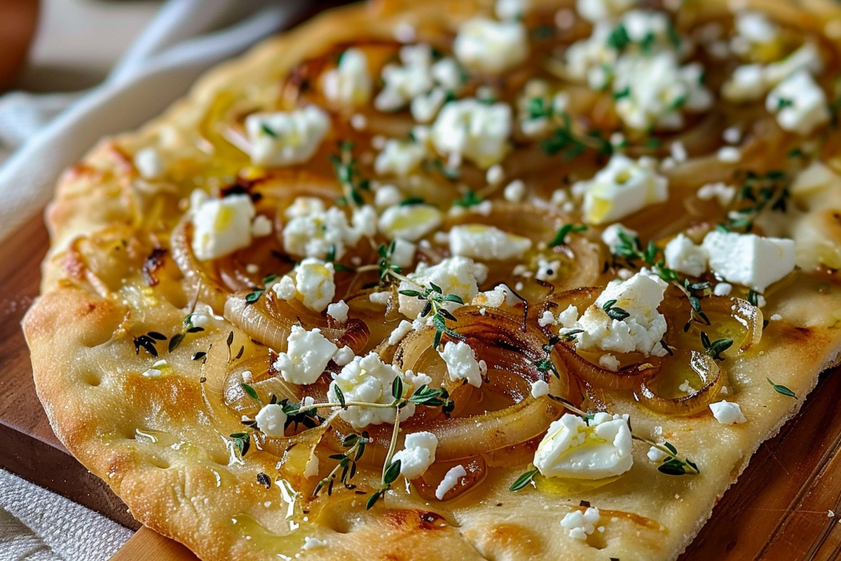 Caramelized Onion & Feta Flatbread with Thyme Honey