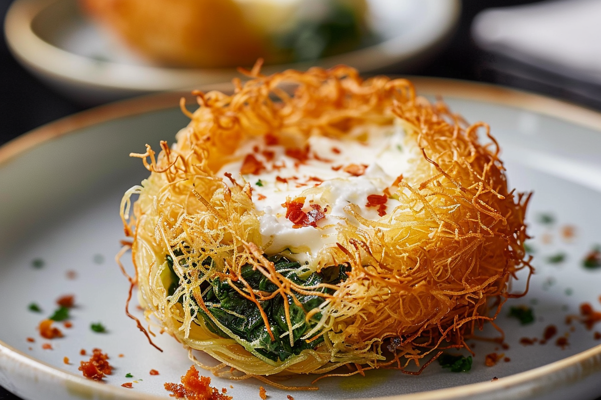 Crispy Kataifi Nest with Spinach-Feta Melt