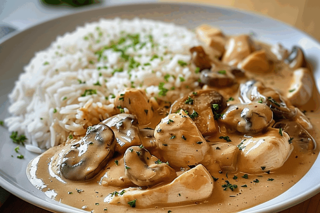 Creamy Chicken & Mushroom Stroganoff with Steamed Rice