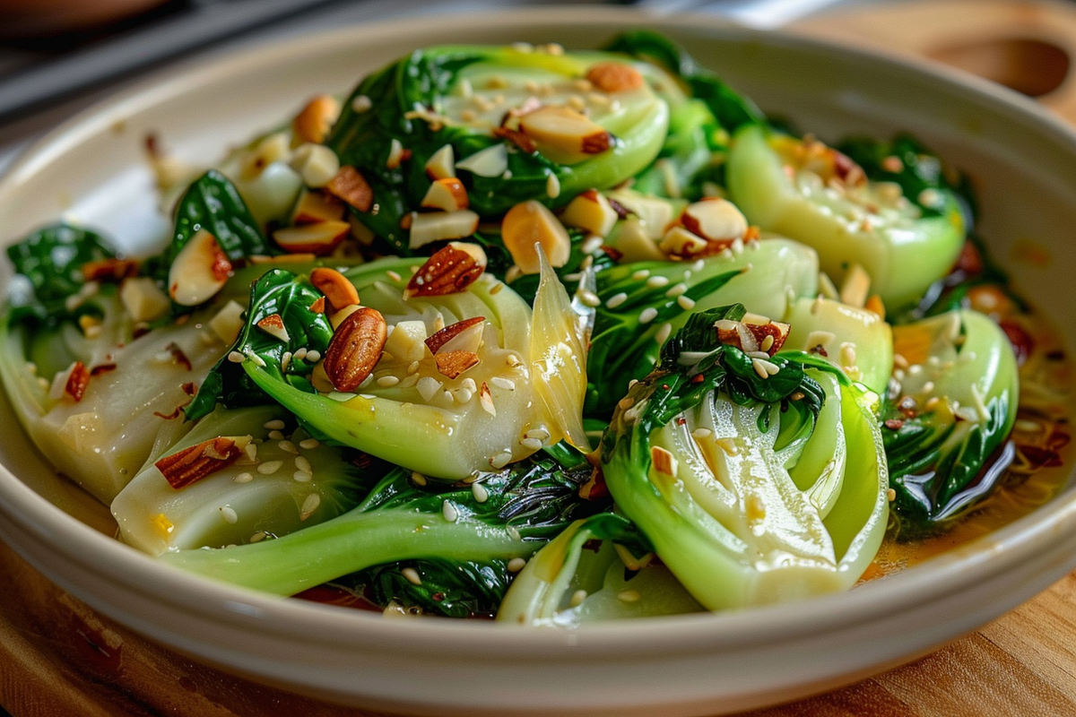 Stir-Fried Baby Bok Choy with Lemon Vinaigrette and Toasted Almonds