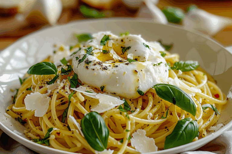 Lemon Herb Burrata Spaghetti with Roasted Garlic