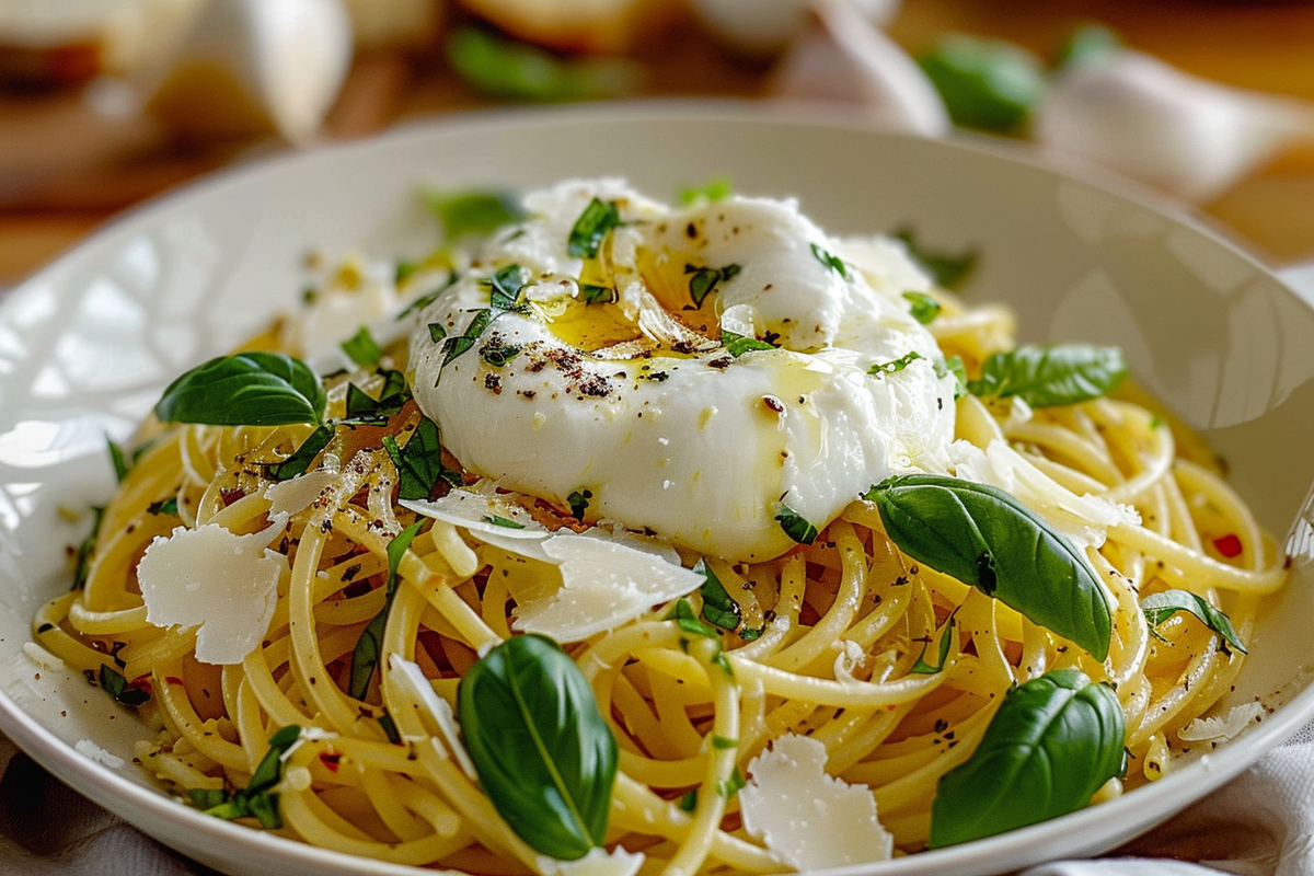 Lemon Herb Burrata Spaghetti with Roasted Garlic