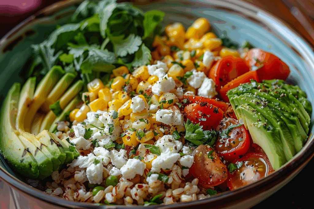 Summer Grain Bowl with Avocado Feta & Roasted Corn