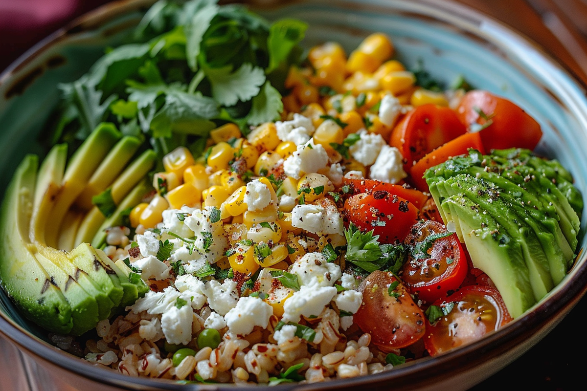 Summer Grain Bowl with Avocado Feta & Roasted Corn