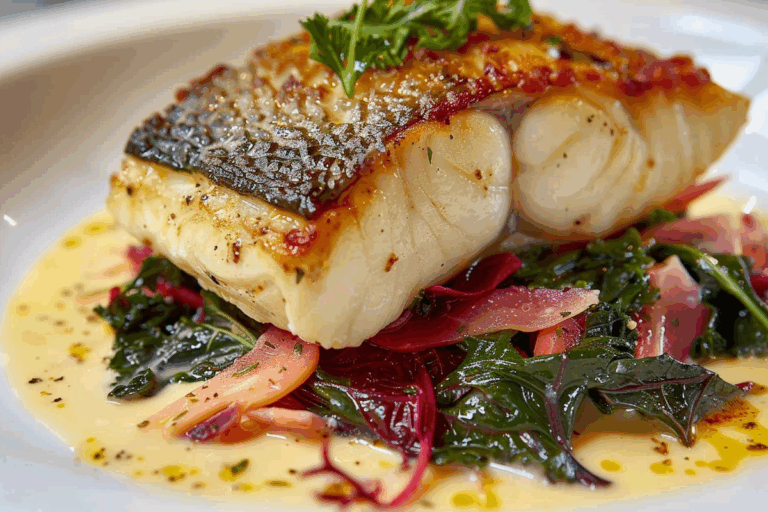 Pan-Seared Turbot with Taramasalat Velouté and Sautéed Swiss Chard