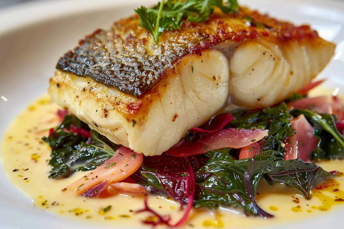 Pan-Seared Turbot with Taramasalat Velouté and Sautéed Swiss Chard