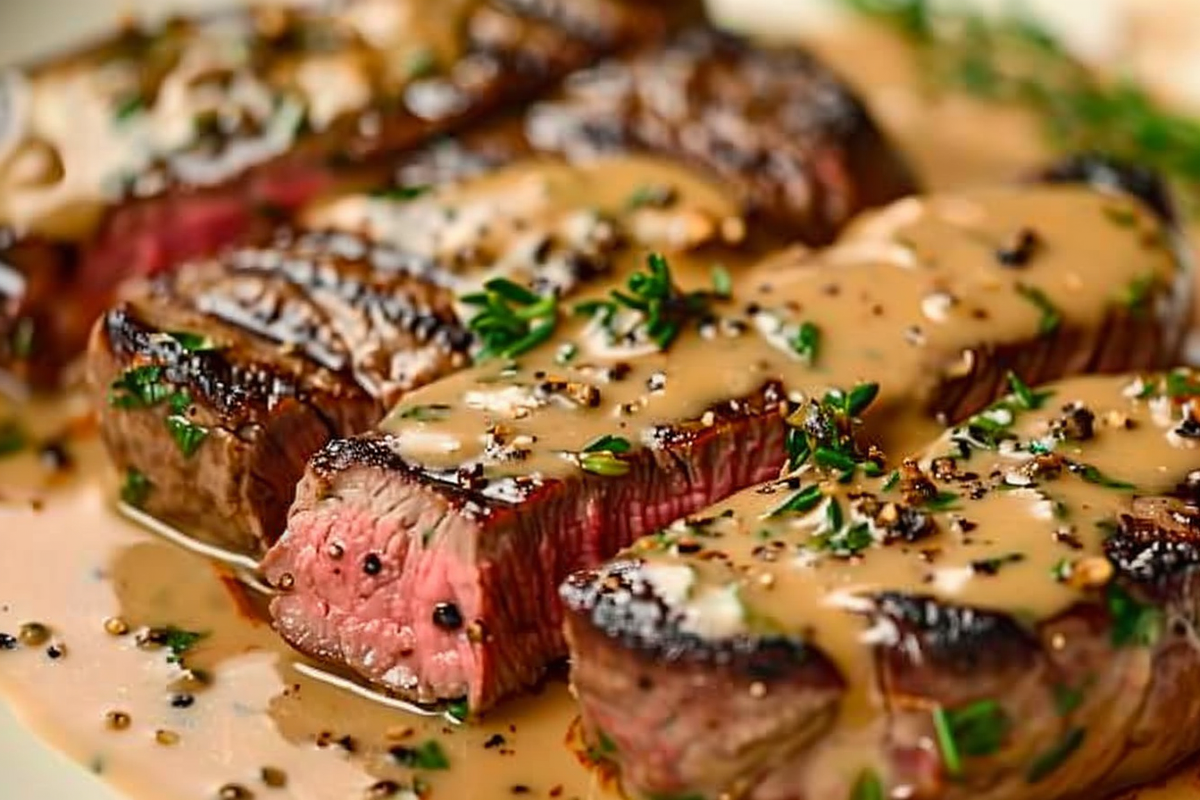 French Seared Steak with Cognac Cream Sauce