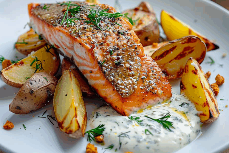 Pan-Seared Salmon with Feta Mousseline Sauce and Roasted Potato Wedges