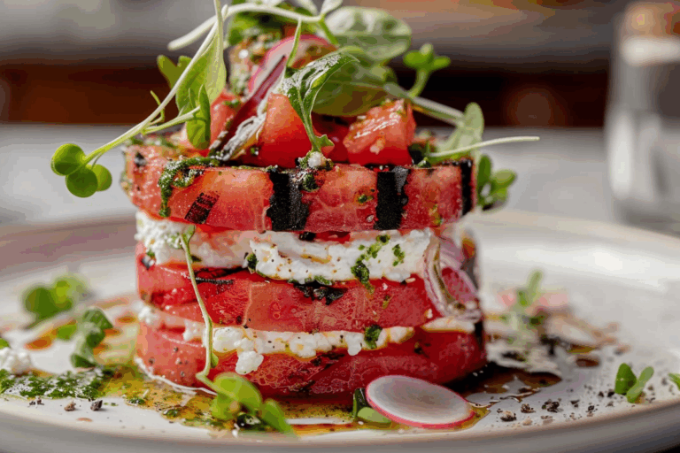Grilled Watermelon Tower with Whipped Ricotta & Pickled Onion Vinaigrette