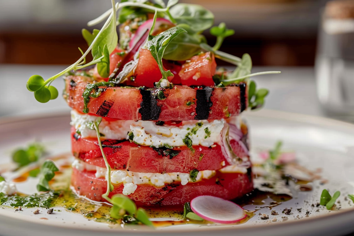 Grilled Watermelon Tower with Whipped Ricotta & Pickled Onion Vinaigrette
