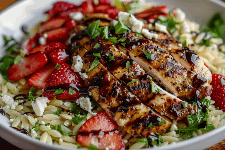 Grilled Chicken with Strawberry Balsamic Glaze and Cotija Cheese Orzo Salad