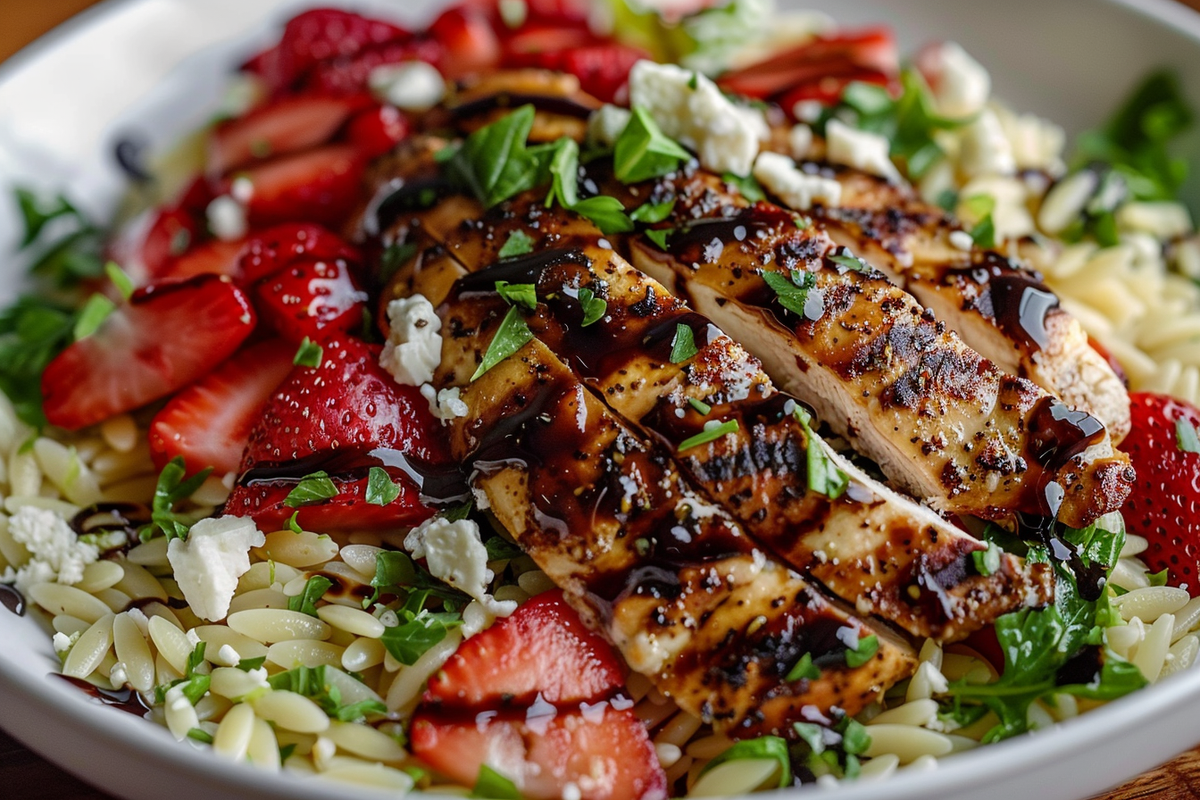 Grilled Chicken with Strawberry Balsamic Glaze and Cotija Cheese Orzo Salad