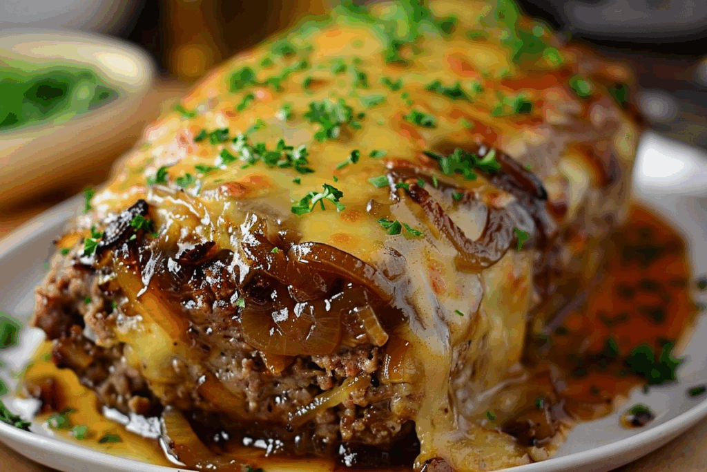 Crockpot French Onion Meatloaf and Melted Swiss Cheese