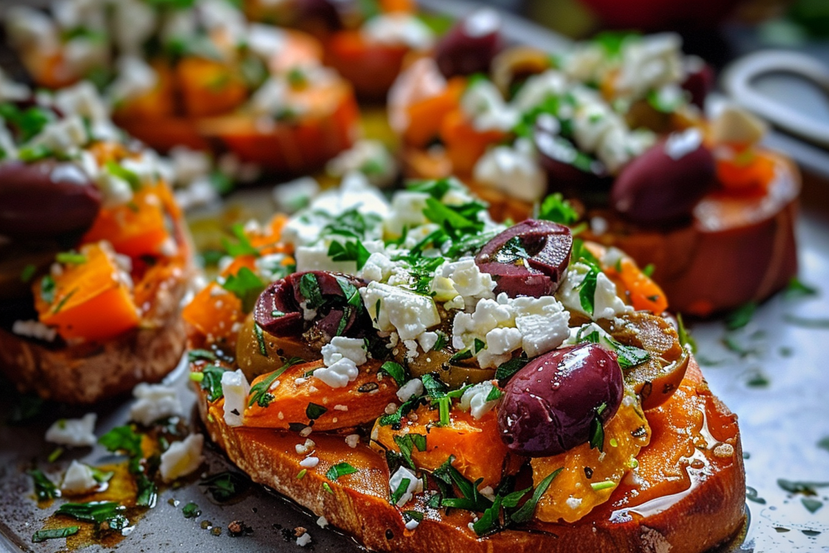 Sweet Potato Crostini with Feta Olives & Herbs