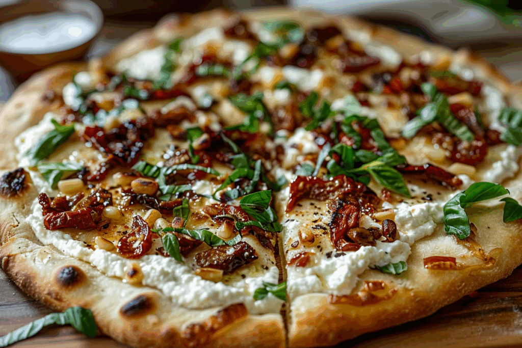 Ricotta Sundried Tomato Pine Nut Flatbread with Basil