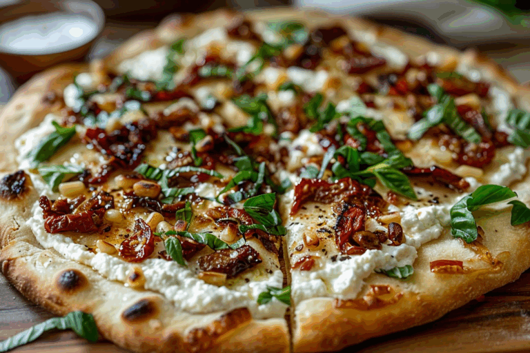 Ricotta Sundried Tomato Pine Nut Flatbread with Basil