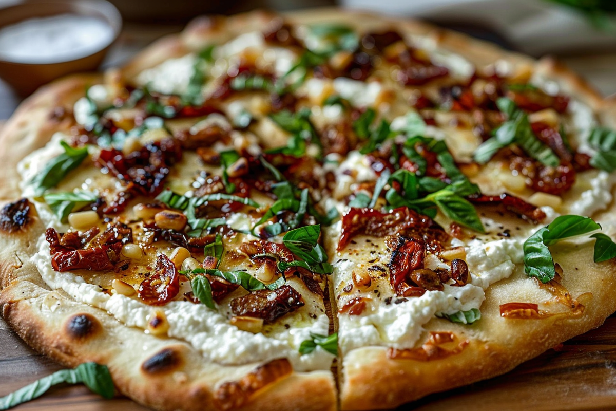 Ricotta Sundried Tomato Pine Nut Flatbread with Basil