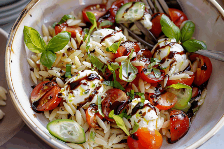 Caprese Burrata Orzo with Balsamic Glaze