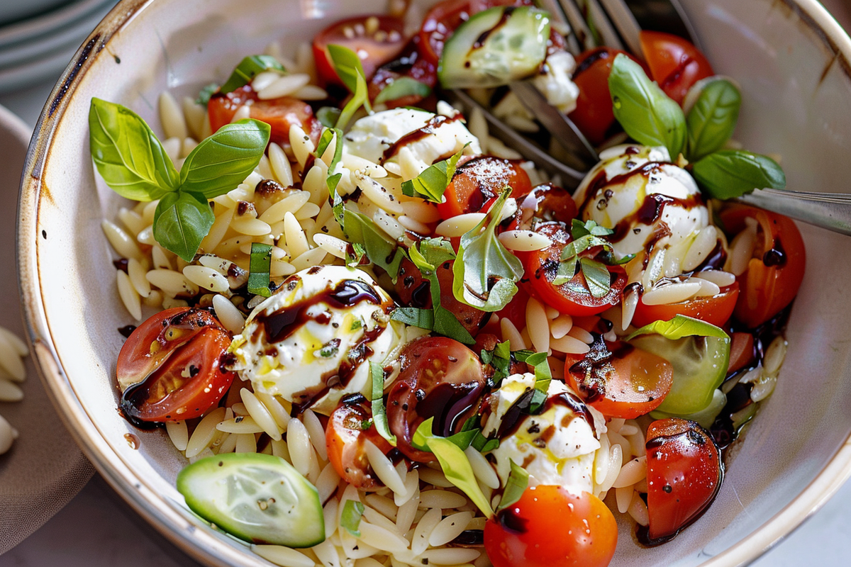 Caprese Burrata Orzo with Balsamic Glaze