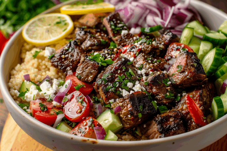 Grilled Greek Lamb Bowl with Lemon-Oregano Dressing