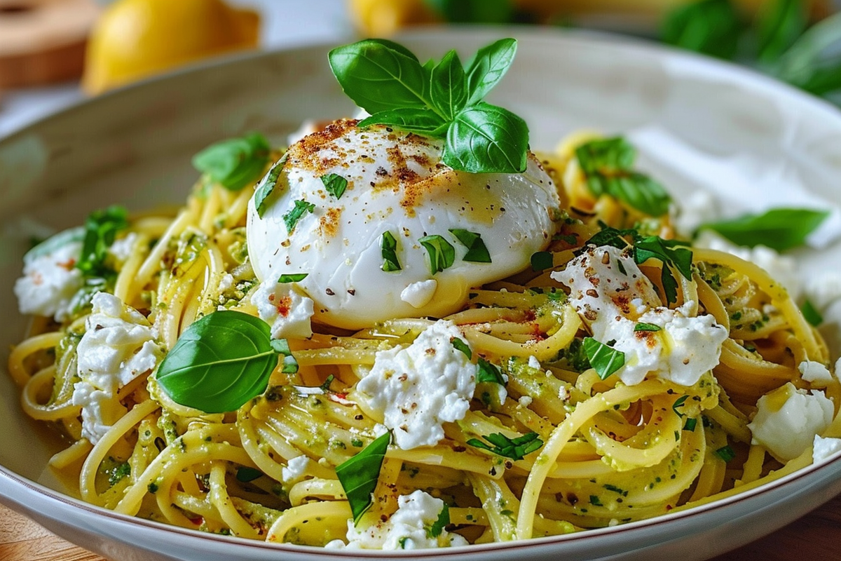 Lemon Pesto Pasta with Burrata and Fresh Herbs