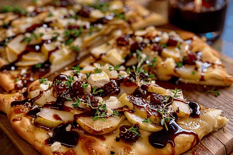 Pear Brie and Cranberry Flatbread with Fig Jam and Balsamic Glaze