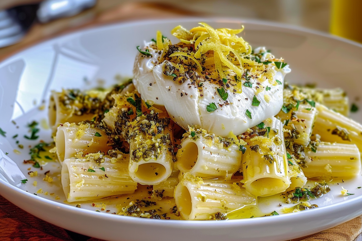 Burrata Rigatoni with Lemon-Thyme Pesto Crust