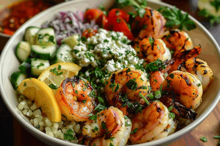 Grilled Greek Shrimp Bowl with Lemon-Oregano Dressing