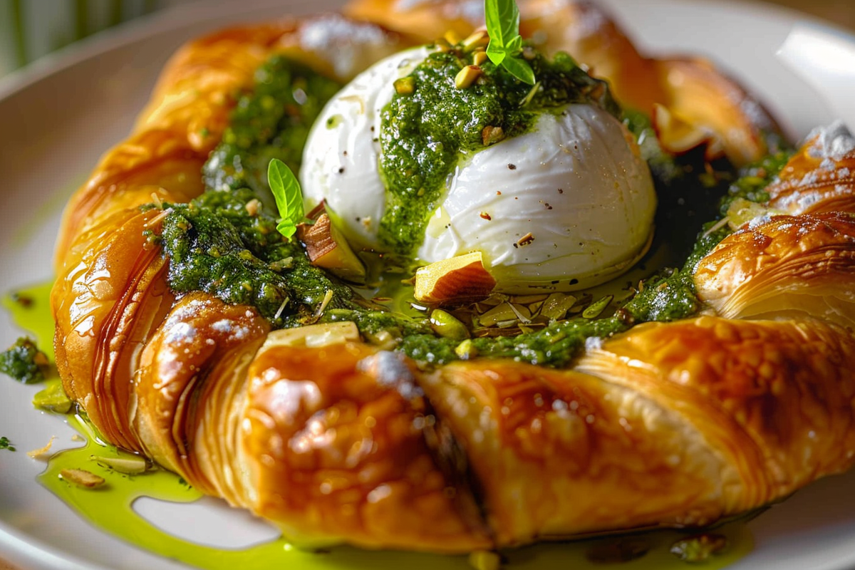 Burrata in Pistachio-Basil Pesto with Puff Pastry Twists