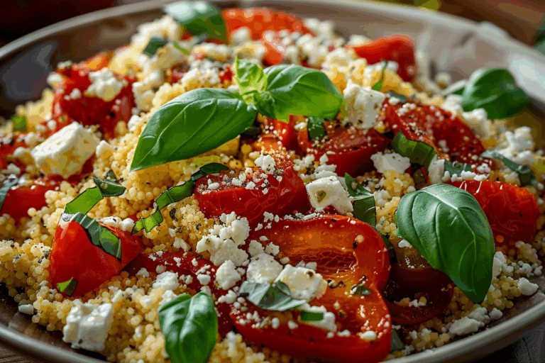 Couscous Salad with Roasted Red Peppers Feta & Basil Oil