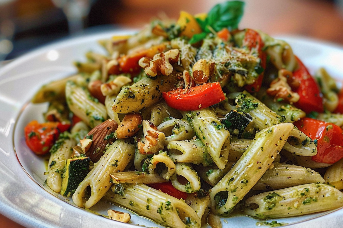 Sage Walnut Pesto Pasta with Roasted Veggies