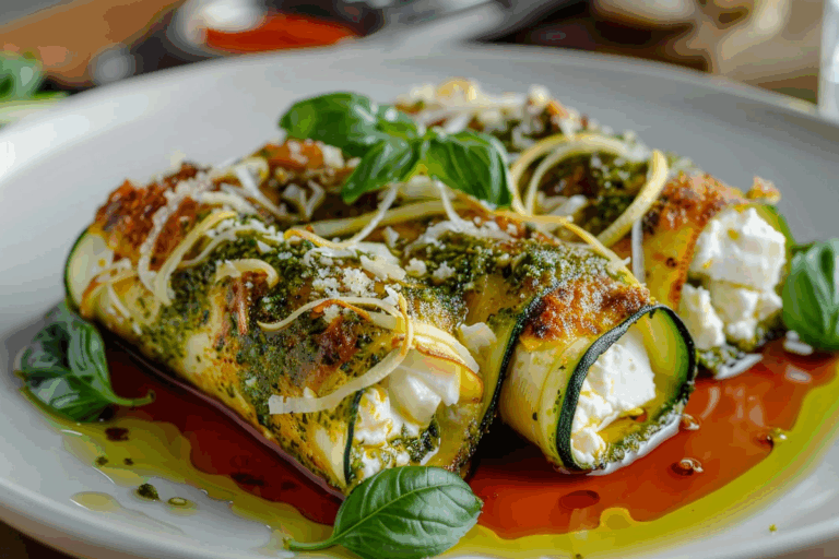 Burrata and Zucchini Lasagna Roll-Ups with Lemon Pesto Drizzle