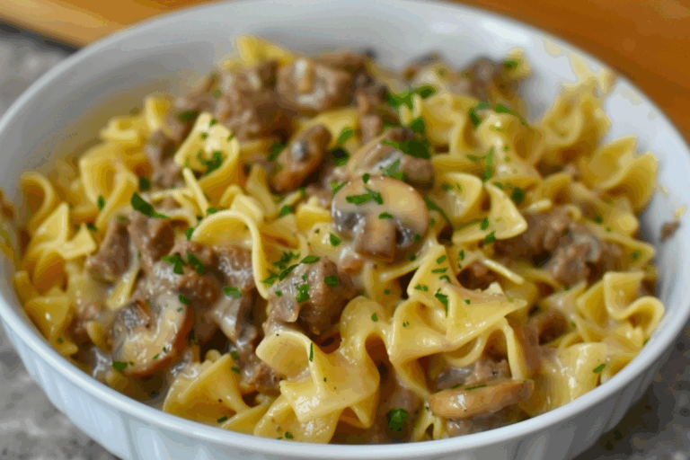 Creamy Mushroom Beef Noodle Bake