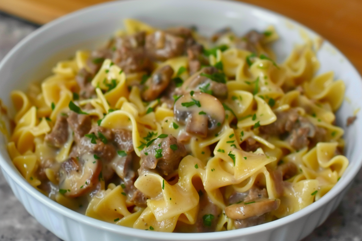 Creamy Mushroom Beef Noodle Bake
