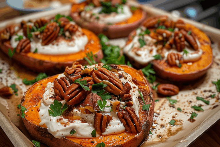 Sweet Potato Steaks with Whipped Tahini Yogurt and Crunchy Pecans