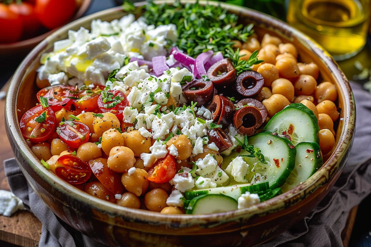 Mediterranean Chickpea Bowl with Olives Feta & Lemon Herb Dressing