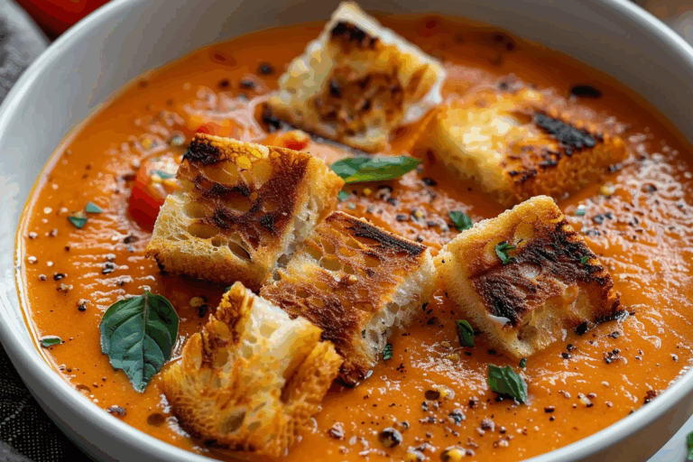 Creamy Tomato Bisque with Grilled Cheese Croutons