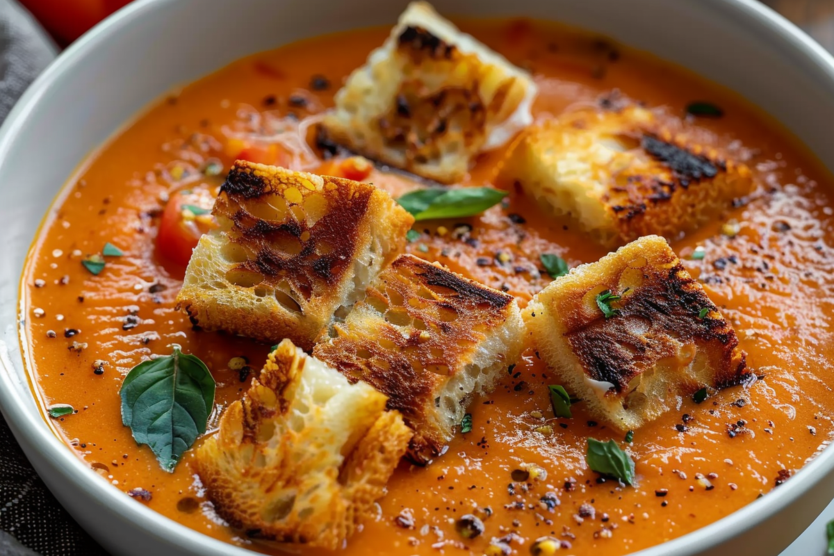 Creamy Tomato Bisque with Grilled Cheese Croutons