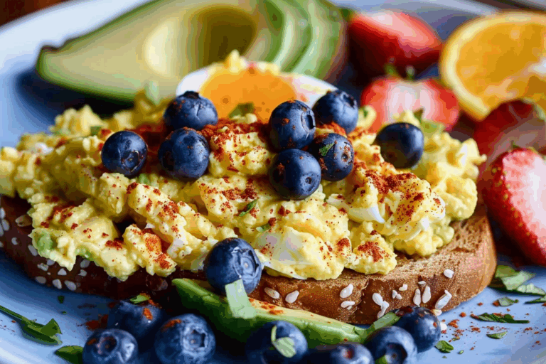 Scrambled Egg and Avocado Toast Topped with Fresh Blueberries Served with Strawberries and Orange Slices