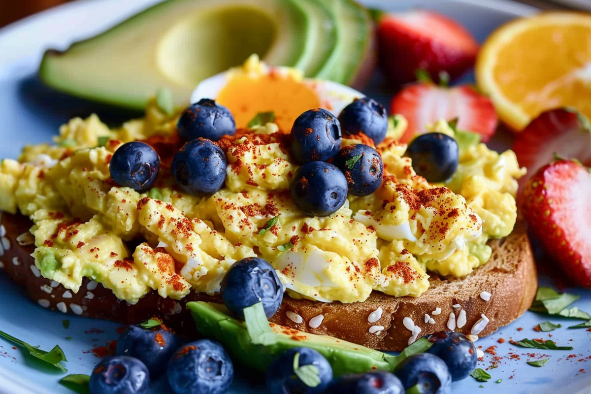 Scrambled Egg and Avocado Toast Topped with Fresh Blueberries Served with Strawberries and Orange Slices