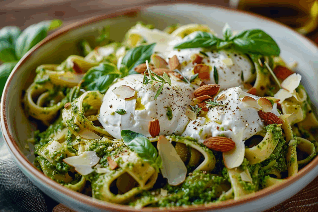 Creamy Basil Pesto Pasta with Burrata and Toasted Almonds