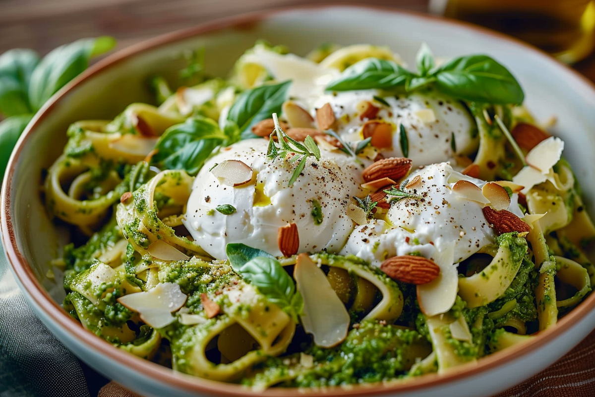 Creamy Basil Pesto Pasta with Burrata and Toasted Almonds