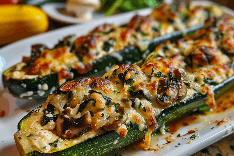 Spinach Mushroom and Ricotta Stuffed Zucchini Boats