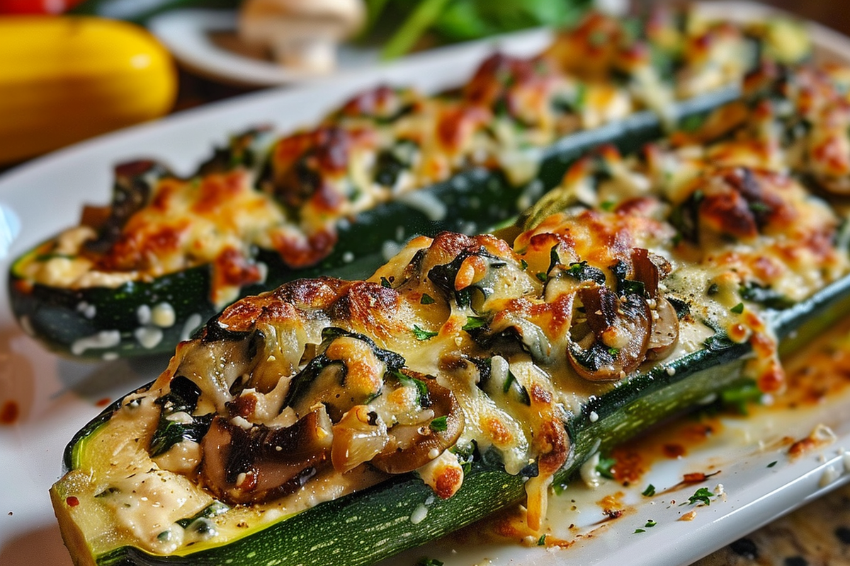 Spinach Mushroom and Ricotta Stuffed Zucchini Boats